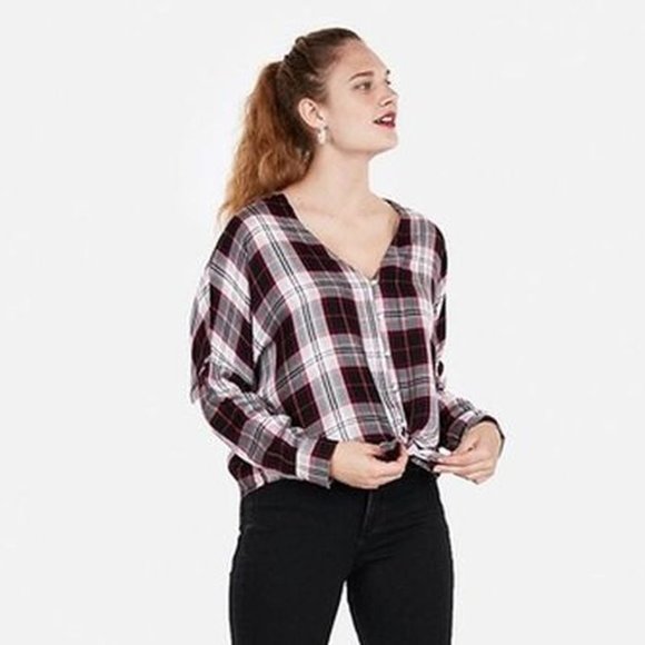 Express Plaid Tie Hem Top M - Picture 4 of 4